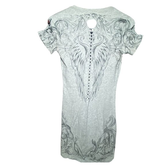 Laculture Angel Wing Cross Y2K Goth Grunge Short Sleeve VNeck Bodycon Mini Dress - Picture 3 of 8